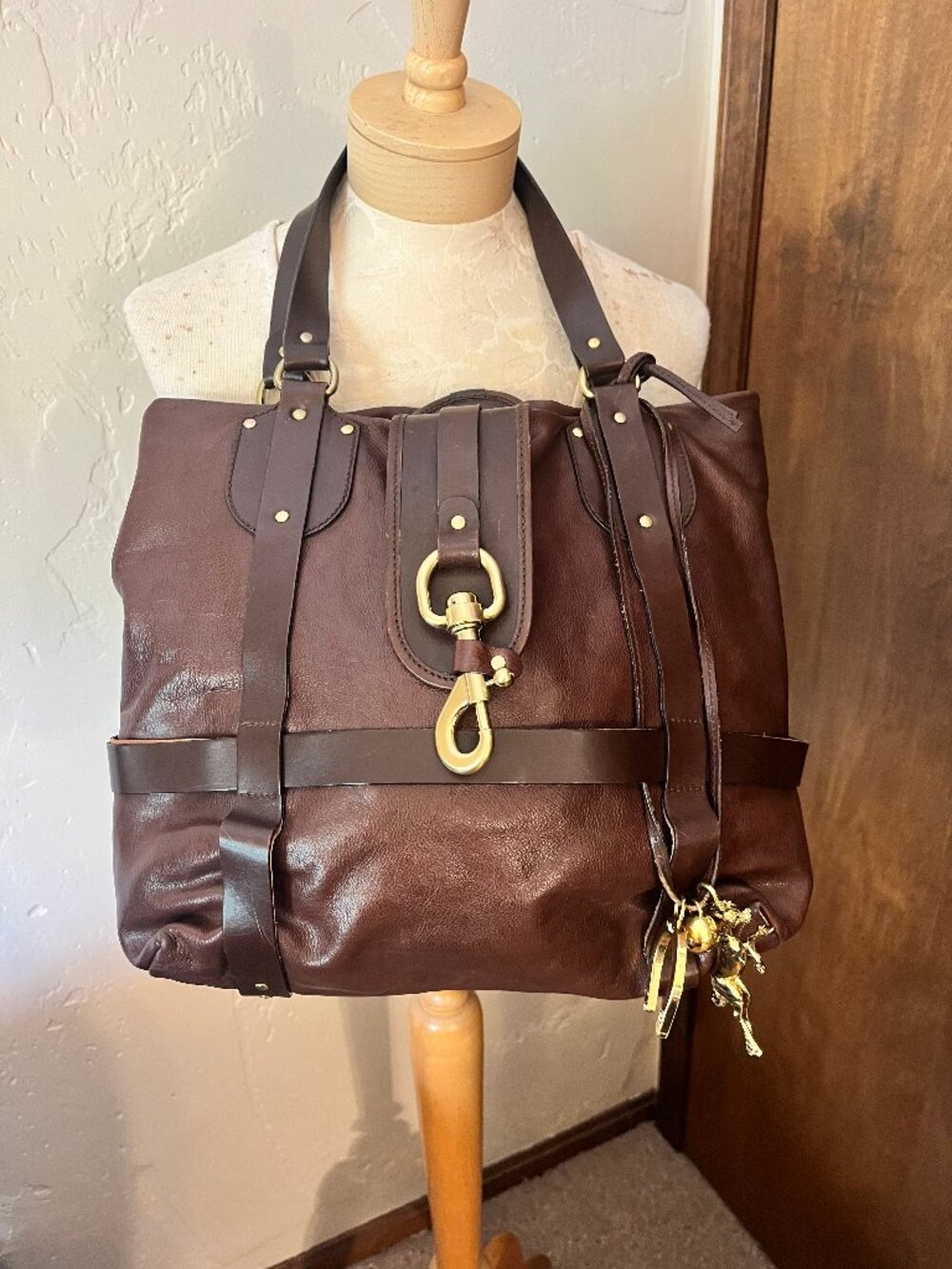 Dark Brown Leather Satchel with Horse and Horseshoe Charms
